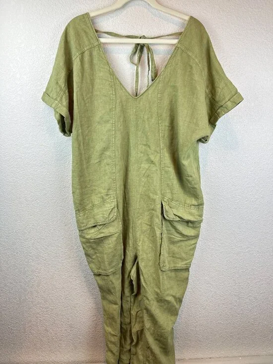Free People Green Linen Blend Jumpsuit XL Baggy Cargo Pockets Relaxed Lagenlook - Picture 2 of 10